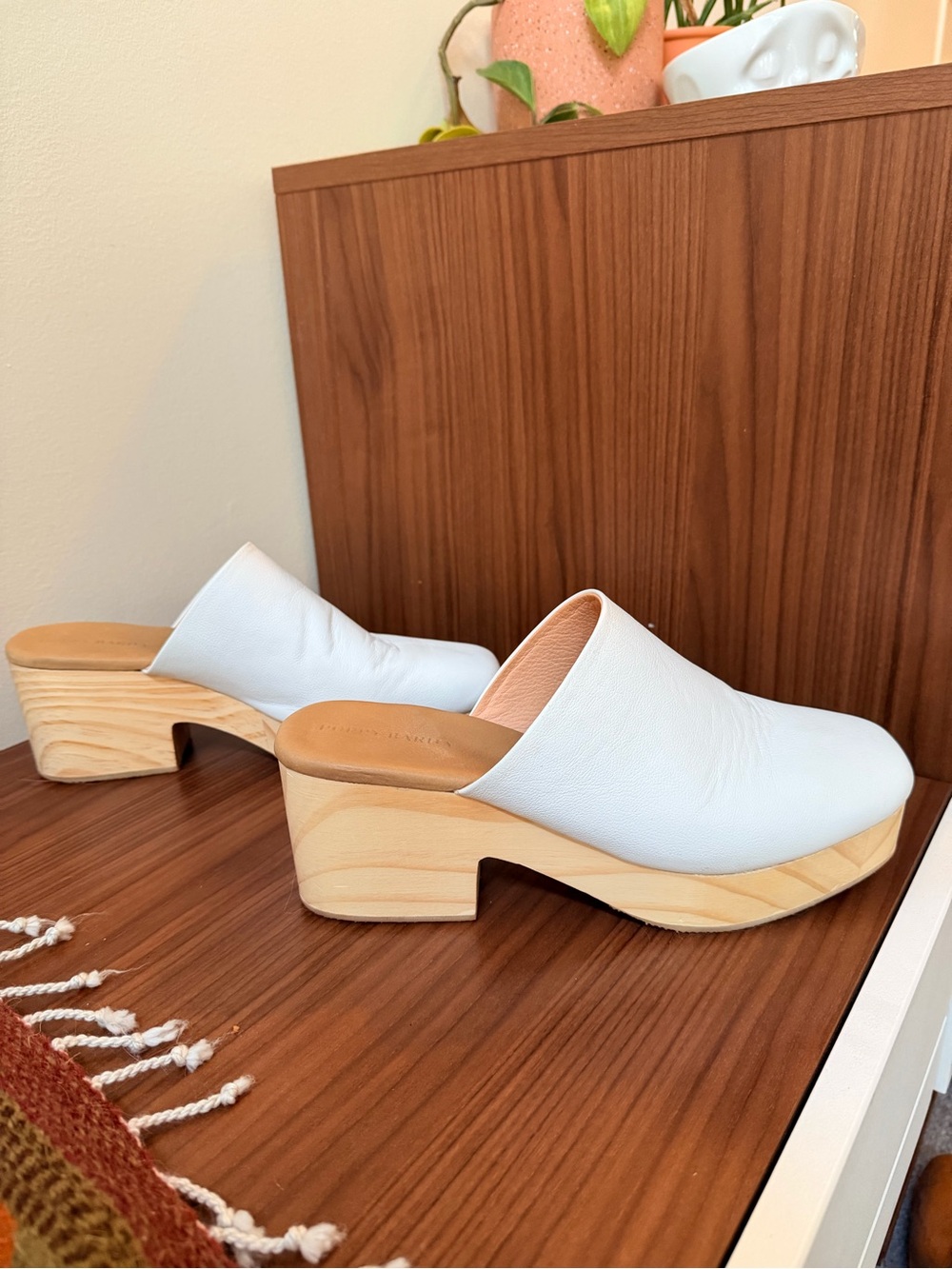 Poppy Barley White Leather Clog Mules with Light Wood Heel